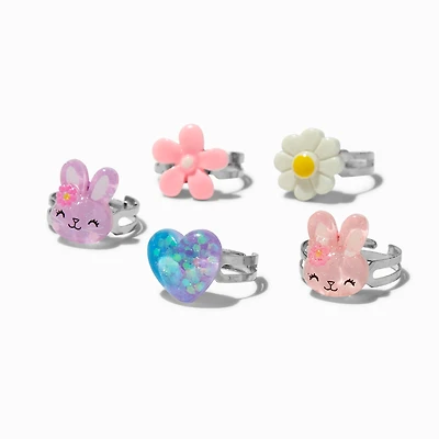 Claire's Club Bunnies & Flowers Silver-tone Rings - 5 Pack