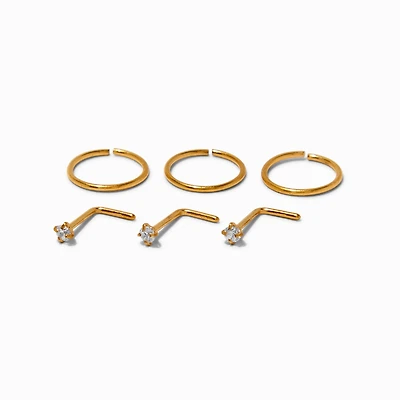 20G Gold-tone Titanium Cubic Zirconia Studs & Hoops - 6 Pack