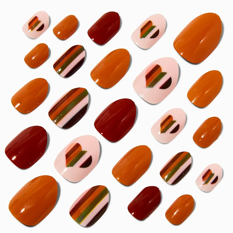 Earth Tone Striped Heart Stiletto Press On Vegan Faux Nail Set - 24 Pack