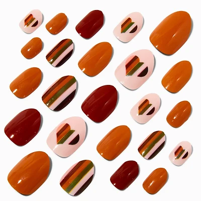 Earth Tone Striped Heart Stiletto Press On Vegan Faux Nail Set - 24 Pack