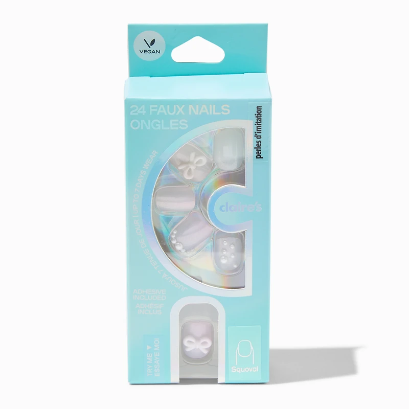 White Iridescent Pearl Squoval Vegan Faux Nail Set - 24 Pack