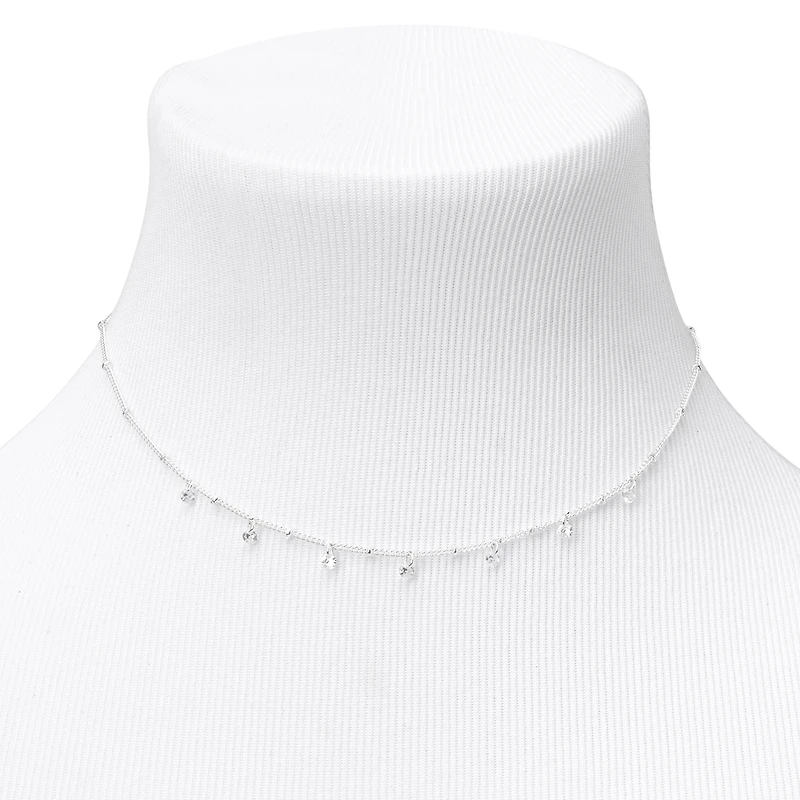 Silver-tone Cubic Zirconia Confetti Beaded Choker Necklace