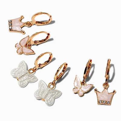 Crown & Butterfly Gold-tone Hoop Earrings - 3 Pack