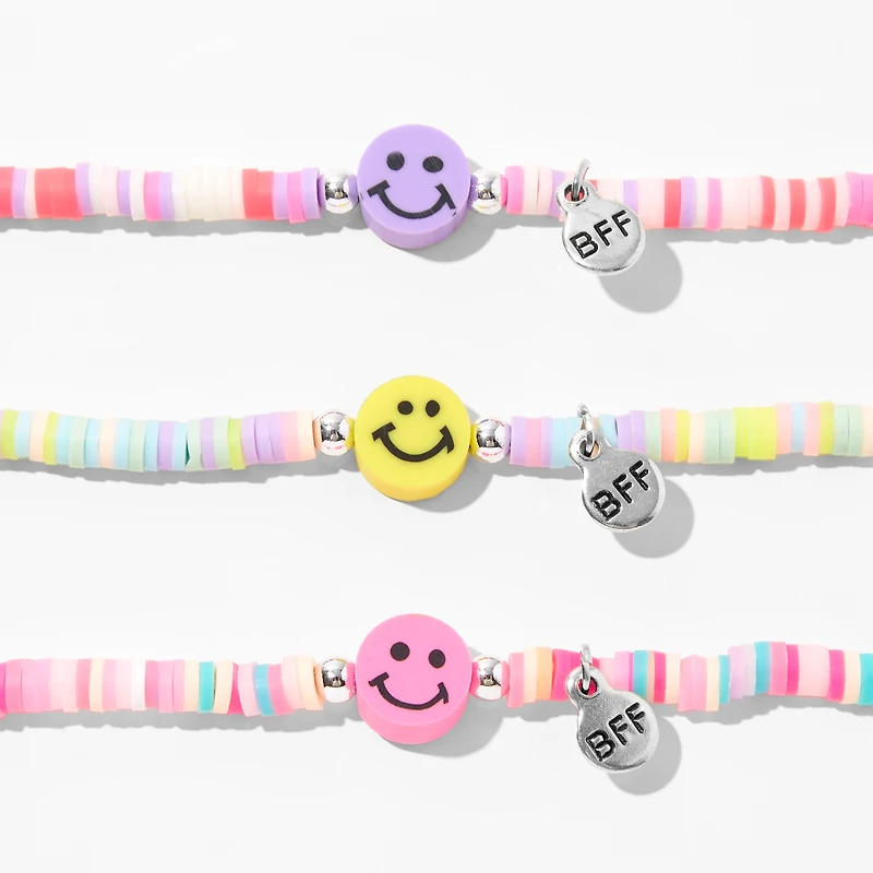 Best Friends Beaded Happy Face Charm Stretch Bracelets - 3 Pack