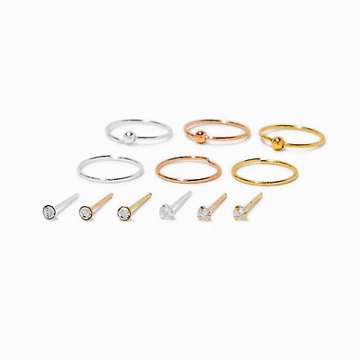 22G Mixed Metal Sterling Silver Nose Studs & Hoop - 12 Pack