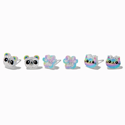 Glitter Panda & Cat Paw Acrylic Stud Earrings - 3 Pack