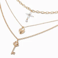 Gold-tone Lock & Key Multi-Strand Necklace