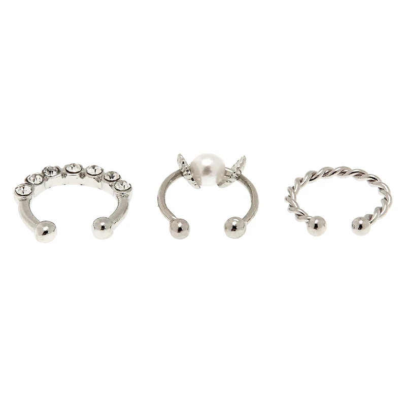 Silver-tone Crystal Pearl Faux Cartilage Earrings - 3 Pack