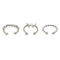 Silver-tone Crystal Pearl Faux Cartilage Earrings - 3 Pack
