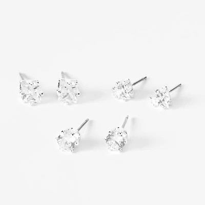 Silver-tone Cubic Zirconia Round Stud Earrings - 3 Pack