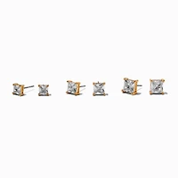 Gold-tone Cubic Zirconia 5mm, 6mm, & 7mm Square Stud Earrings - 3 Pack