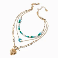 Gold-tone Heart Turquoise Beaded Multi-Strand Necklace