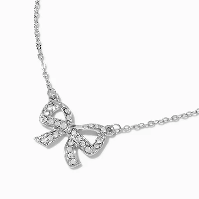 Silver-tone Crystal Bow Pendant Necklace