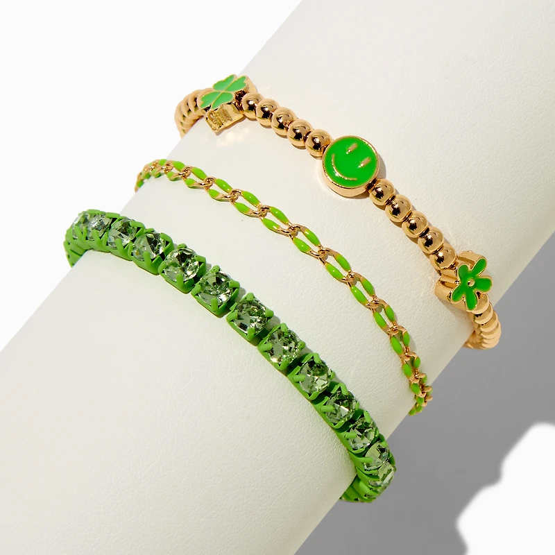 Green Enamel Heart Clover Bracelet Set - 3 Pack