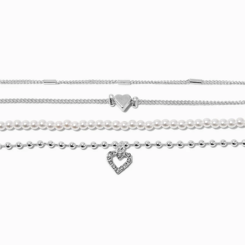 Silver-tone Heart & Pearl Chain Bracelets - 4 Pack 