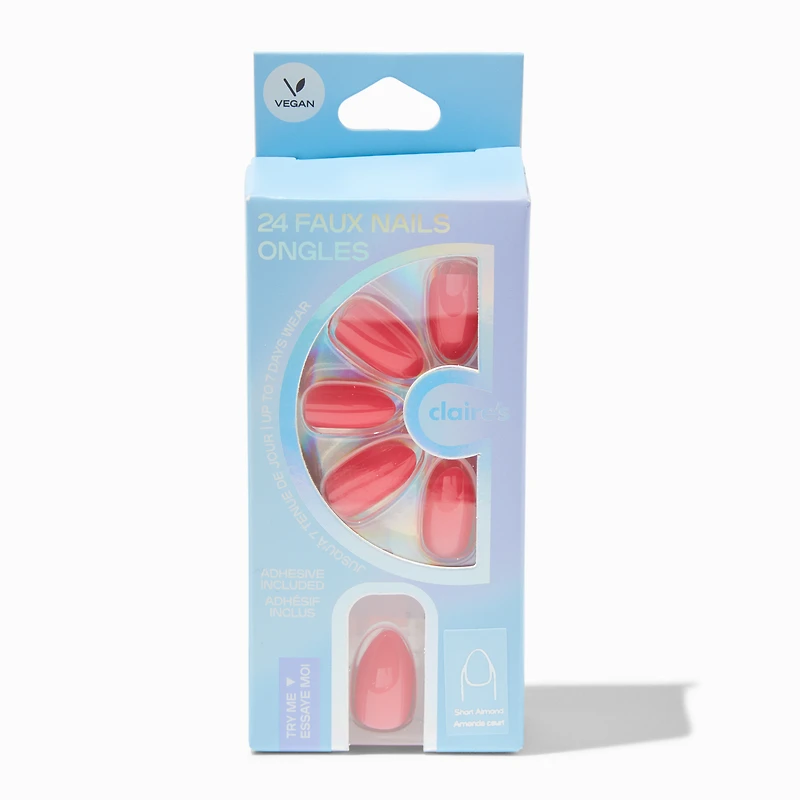 Coral Pink Glossy Short Almond Vegan Faux Nail Set - 24 Pack