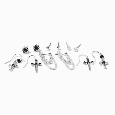 Silver-tone Cross Mixed Earring Stackables Set - 6 Pack