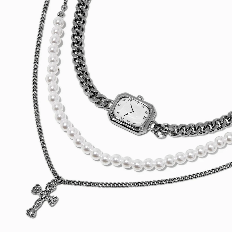 Silver-tone Layered Clock Multi-Strand Necklace