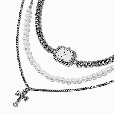 Silver-tone Layered Clock Multi-Strand Necklace