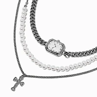 Silver-tone Layered Clock Multi-Strand Necklace