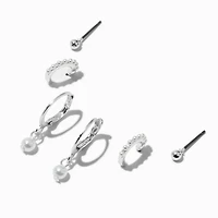 Silver-tone Pearl Hoop Earring Stack - 3 Pack 