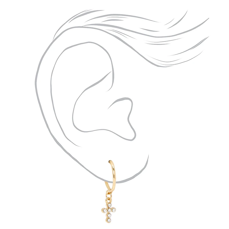Gold-tone Crystal Cross & Heart Mixed Earrings Set - 9 Pack