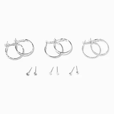 Silver-tone Textured Hoop & Studs Earrings Set