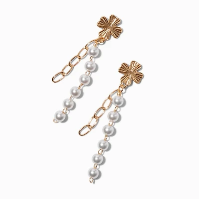 Gold-tone Clover Pearl Chain Drop Earrings 