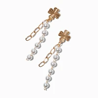 Gold-tone Clover Pearl Chain Drop Earrings 