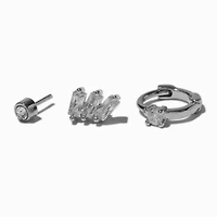 Silver-tone Stainless Steel Cubic Zirconia 18G Bezeled Stud & Hoop Threadless Cartilage Earrings - 3 Pack