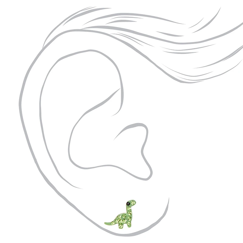 Sterling Silver Green Crystal Dinosaur Stud Earrings