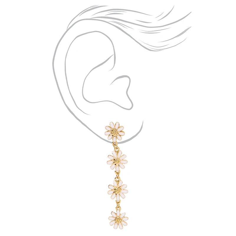 White Daisy Flower Linear 2" Drop Earrings