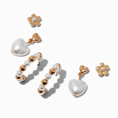 Gold-tone Pearl Hearts Earring Stackables Set - 3 Pack