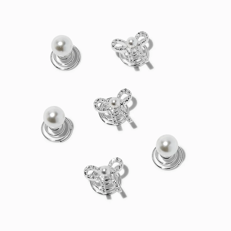 Gemstone Bow & Pearl Silver-tone Hair Spinners - 6 Pack