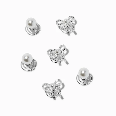 Gemstone Bow & Pearl Silver-tone Hair Spinners - 6 Pack