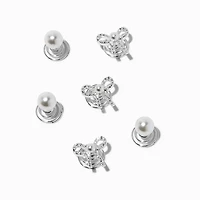 Gemstone Bow & Pearl Silver-tone Hair Spinners - 6 Pack