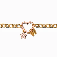 Gold-tone Pink Heart Link Chain Bracelet