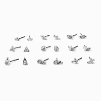 Silver-tone Crystal Cross Mixed Stud Earrings Set - 9 Pack