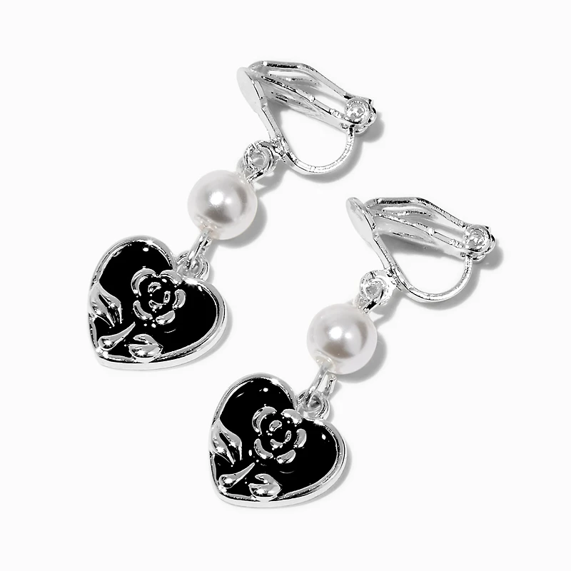 Black Heart & Pearl 1'' Clip-On Drop Earrings