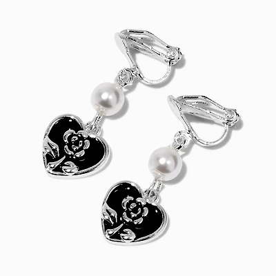 Black Heart & Pearl 1'' Clip-On Drop Earrings