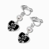 Black Heart & Pearl 1'' Clip-On Drop Earrings