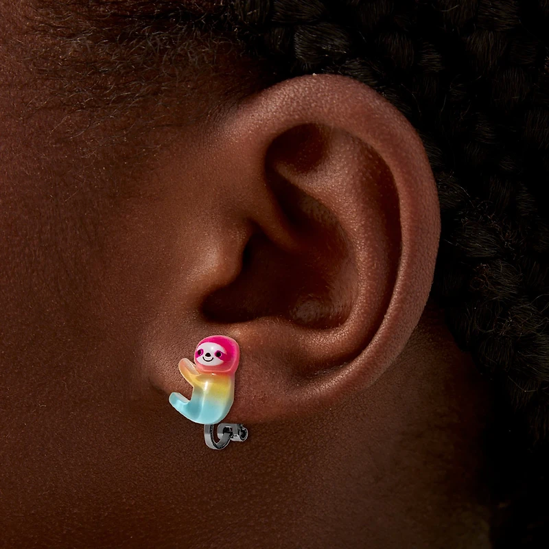 Rainbow Sloth Clip-On Stud Earrings