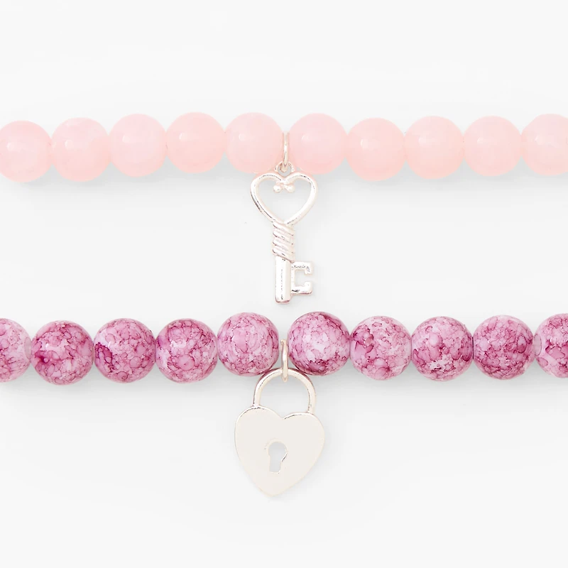 Pink Heart Lock & Key Beaded Stretch Bracelets - 2 Pack