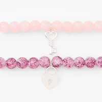 Pink Heart Lock & Key Beaded Stretch Bracelets - 2 Pack