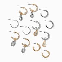 Mixed Metal Crystal Drop Textured Hoop Earrings - 6 Pack