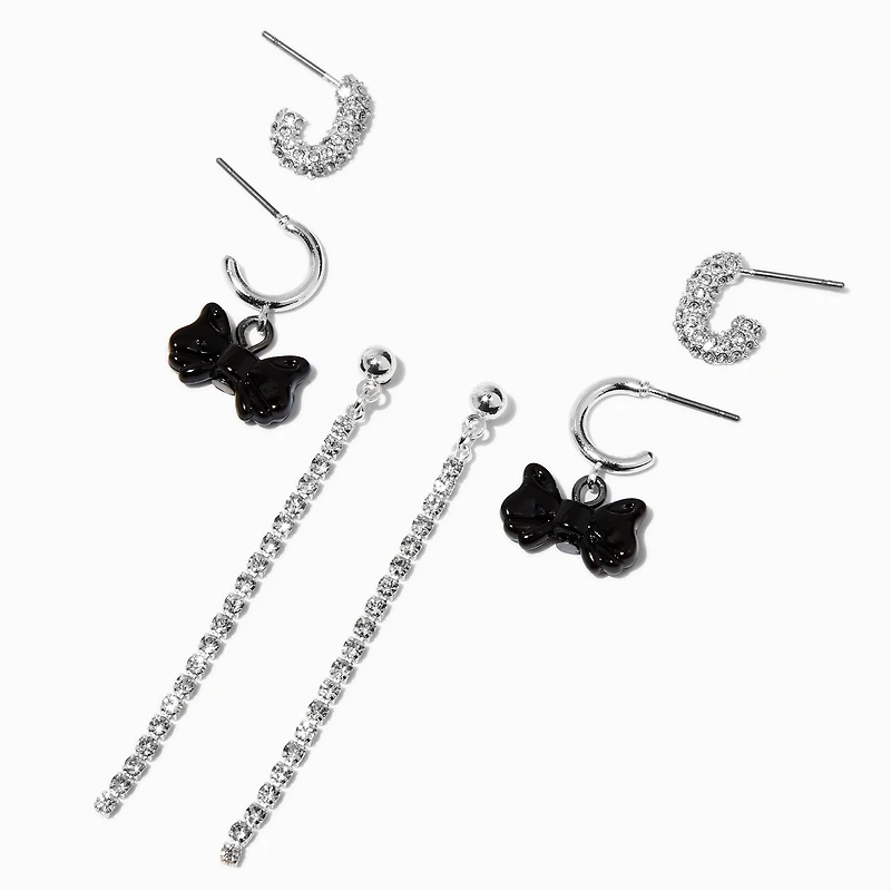 Silver-tone Black Bow Cup Chain Earring Stackables Set - 3 Pack