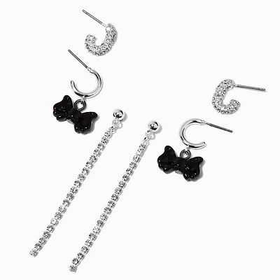 Silver-tone Black Bow Cup Chain Earring Stackables Set - 3 Pack