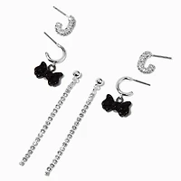 Silver-tone Black Bow Cup Chain Earring Stackables Set - 3 Pack