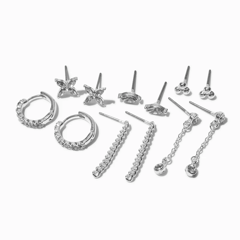 Silver-tone Crystal Mixed Earring Stackables Set - 6 Pack