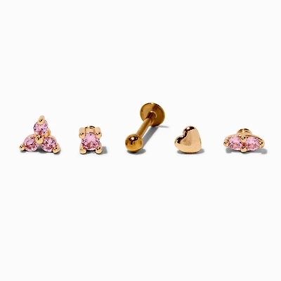 Gold-tone Stainless Steel Cubic Zirconia Changeable 18G Cartilage Pink Flat Back Earrings - 5 Pack